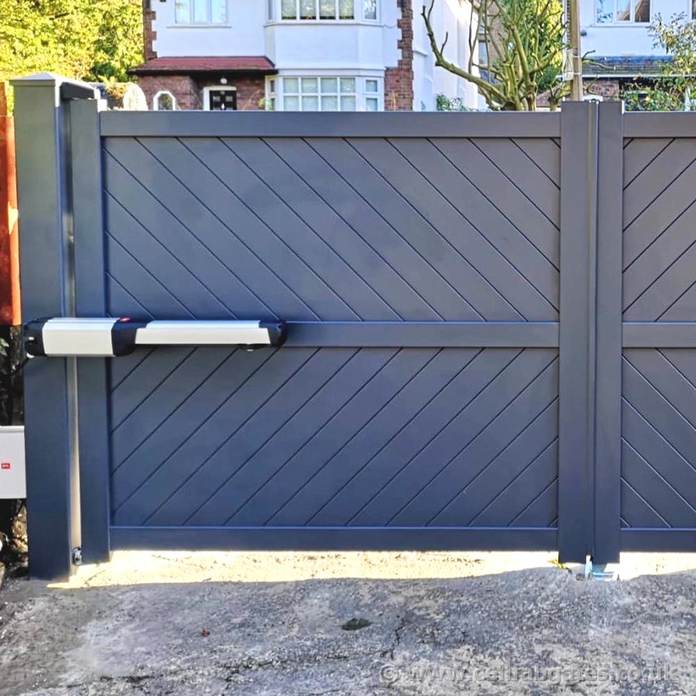 An aluminium driveway gate, fitted with an above ground automation kit at a property in Wirral, Merseyside.