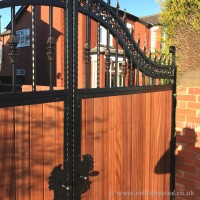 An installation near Chorley for a bespoke timber infill driveway gate with a galvanised steel frame.
