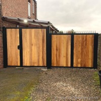 Two sets of timber infill gates with steel frames, railheads, lock and keys, delivered and installed at a home in Cheshire.