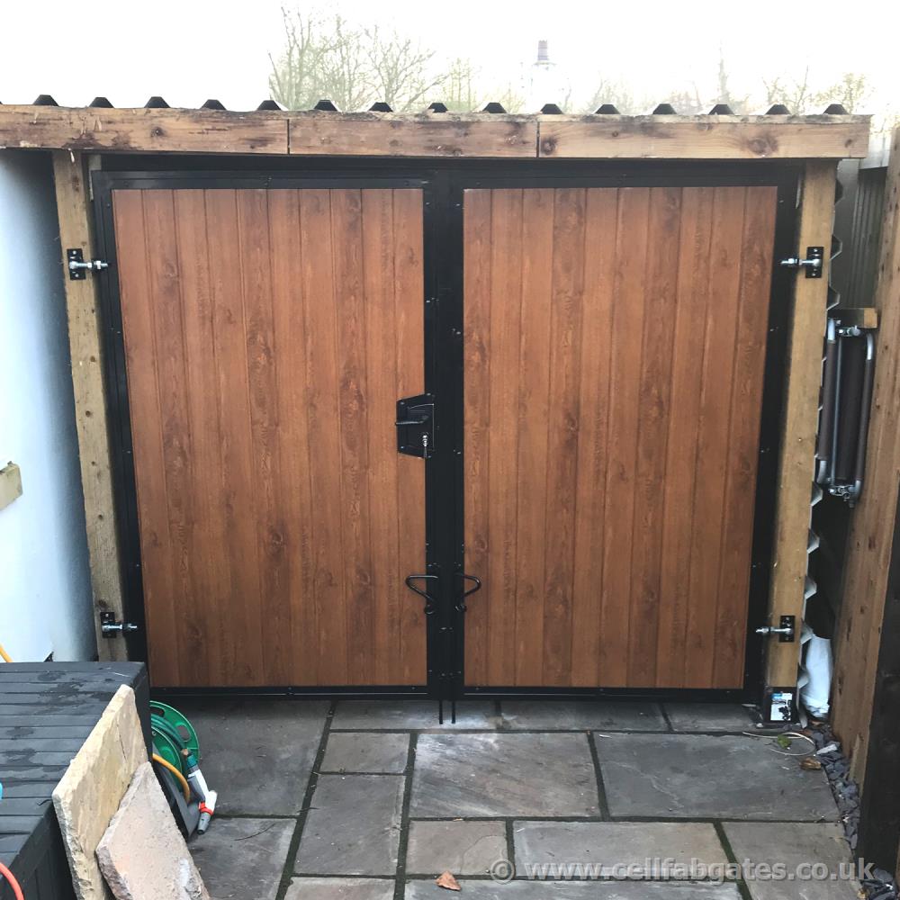 A bespoke steel frame gate with an oak UPVC infill, installed at a client’s property in Preston, Lancashire.