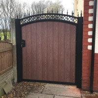 This bespoke composite garden gate was created with a steel frame with a wood effect infill at a home in Wigan, North West.