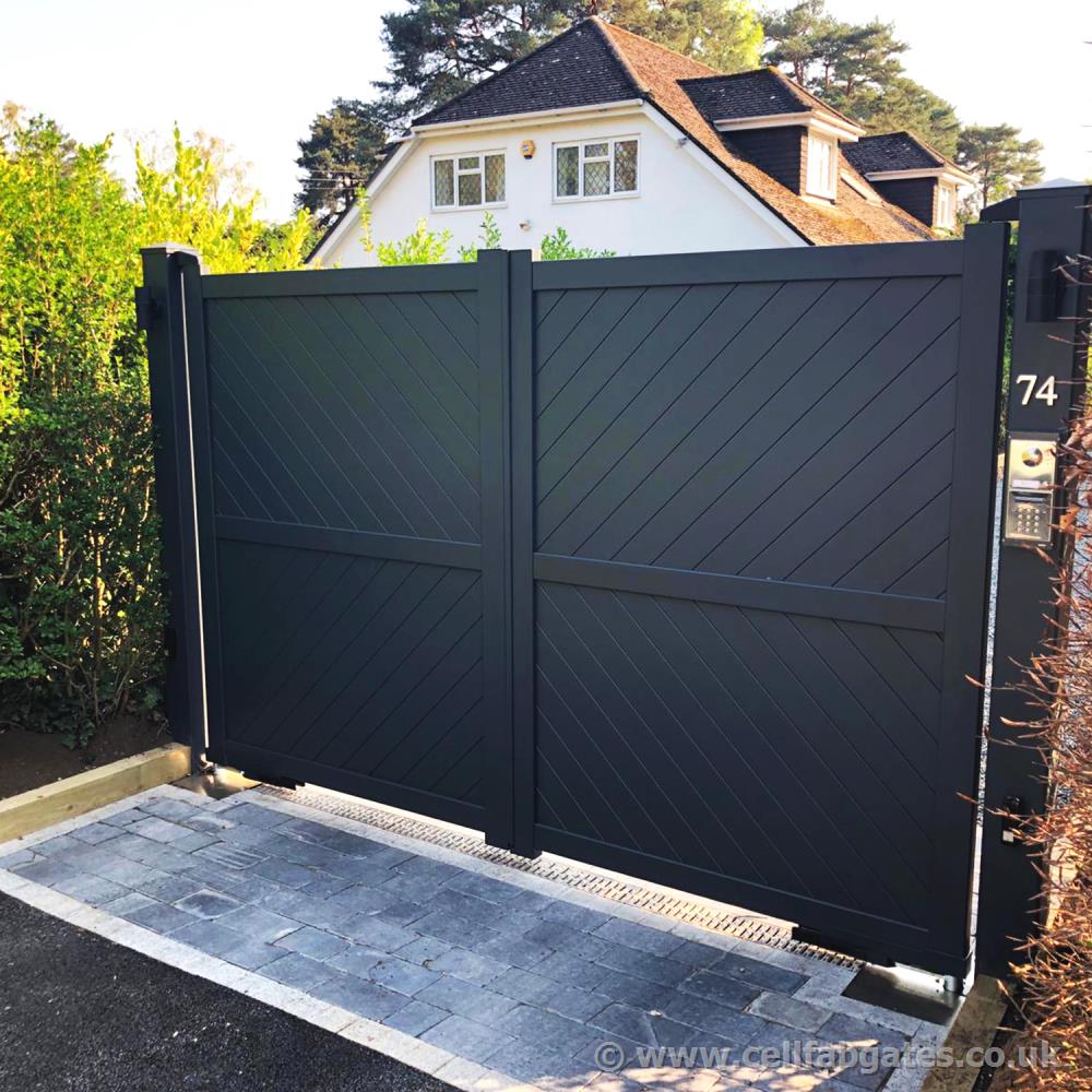 Cellfab Ltd Aluminium Full Privacy Driveway Gate Diagonal Solid Infill (Flat Top) Grey