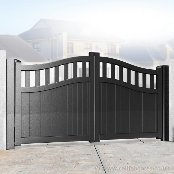 Aluminium Partial Privacy Driveway Gate - Vertical Mixed Infill (Bell Curved Top) - Black