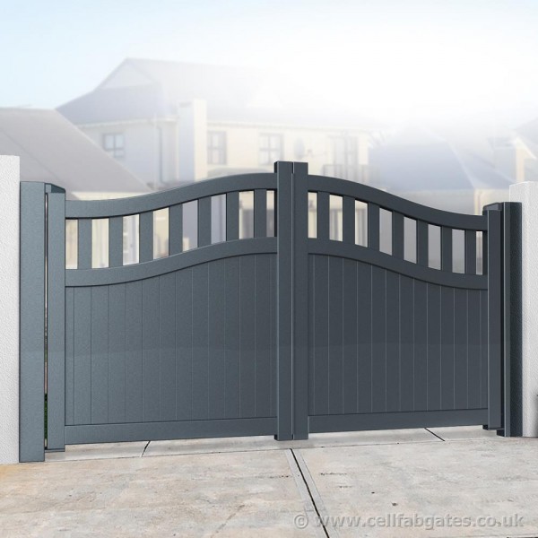 Aluminium Partial Privacy Driveway Gate - Vertical Mixed Infill (Bell Curved Top) - Grey
