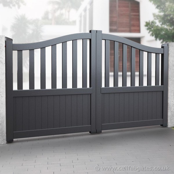 Aluminium Partial Privacy Driveway Gate - 50/50 Vertical Mixed Infill (Bell Curved Top) - Grey